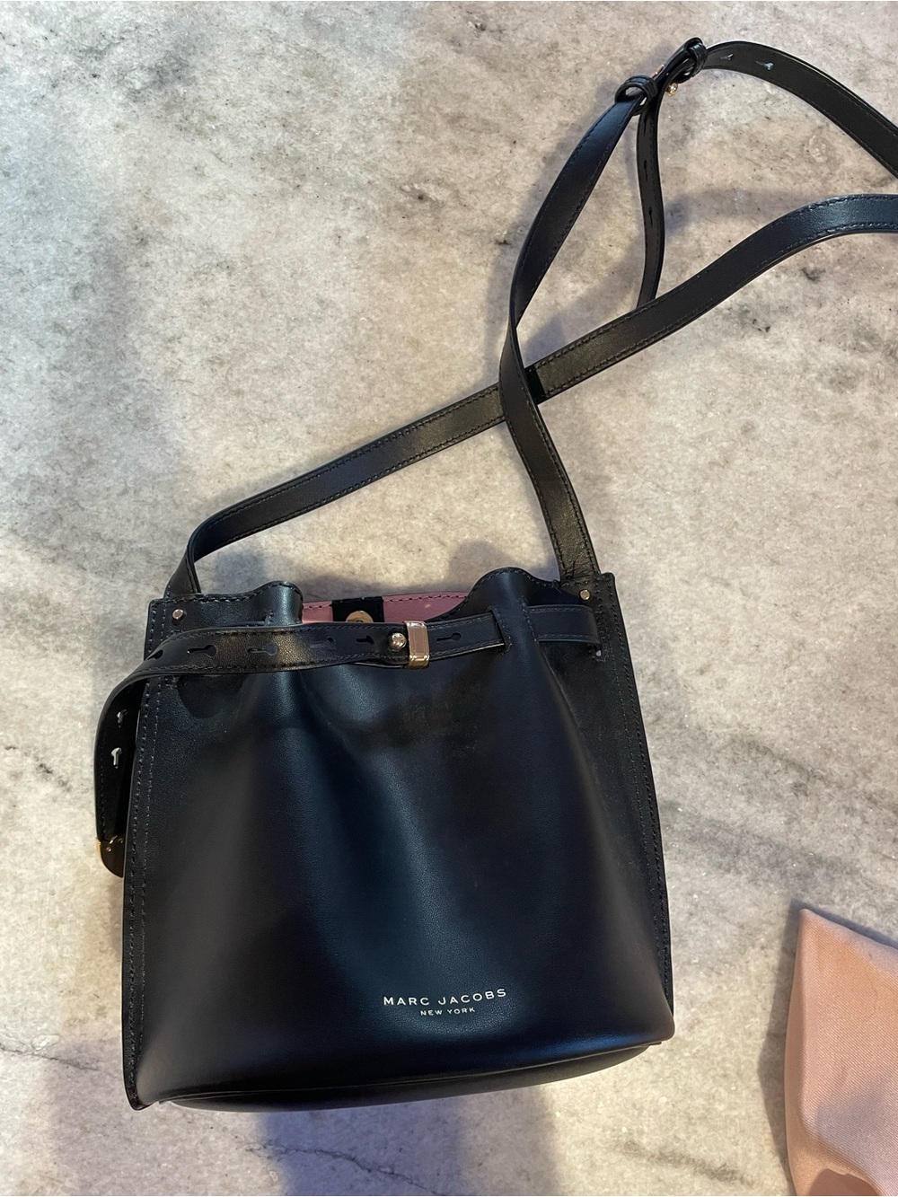 Marc Jacobs Black Leather Crossbody Bucket Bag with Pink Interior